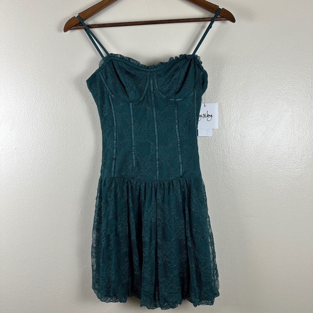 by & by Womens XS Lace Corset Mini Dress Hunter Green Formal Party Sweet Sixteen